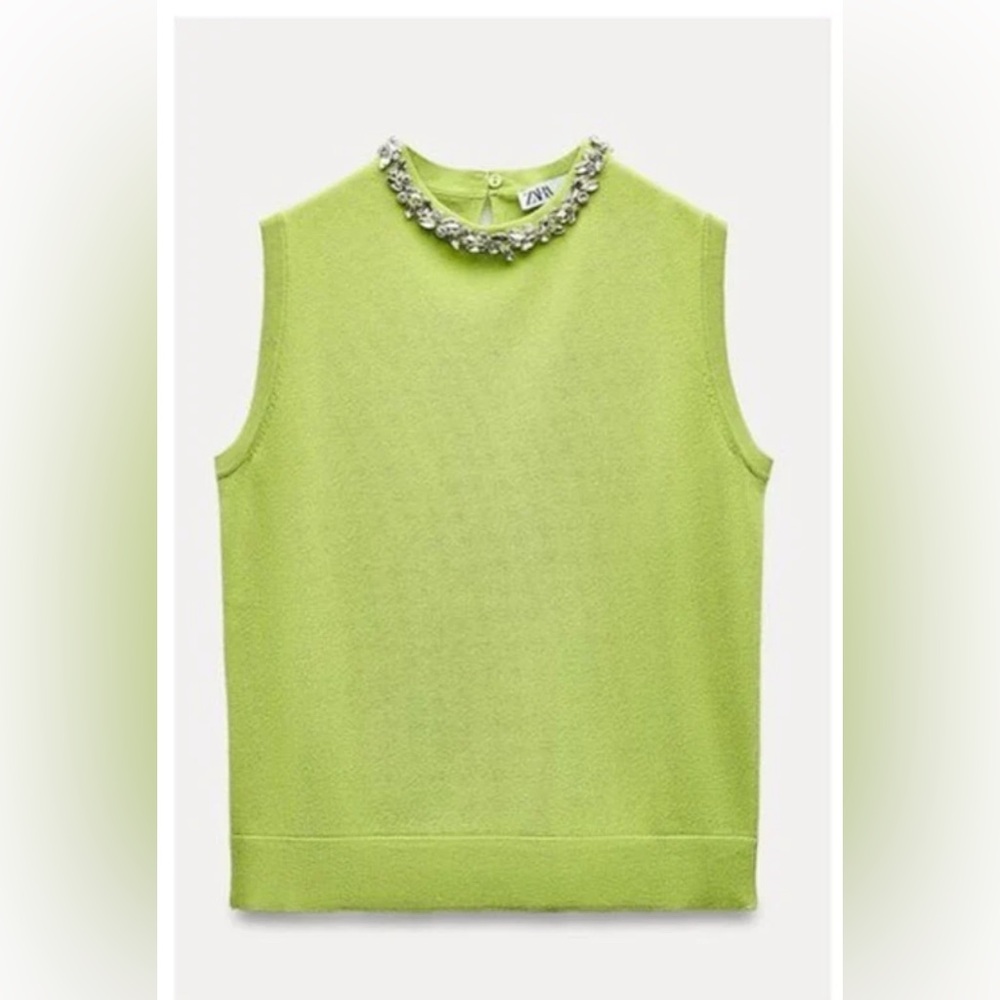 Zara Lime Green Sleeveless Knit Top with Embellished Jewel Neckline Beads NWT❣️